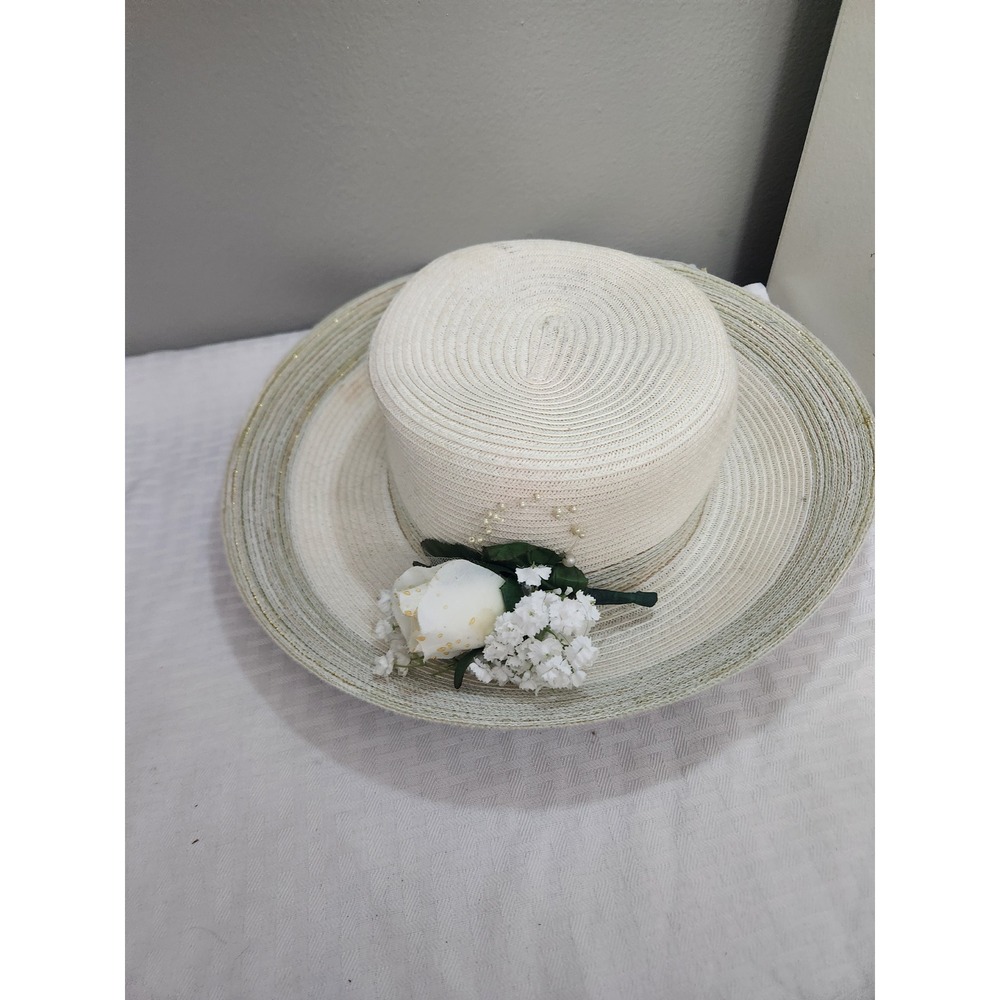 Vintage Style Straw Sun Hat White Floral Pearl Accent Gold Trim Wide Brim Bow